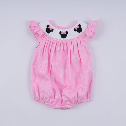Pink character hand smocked dot ruffle bubble - Abbies Place