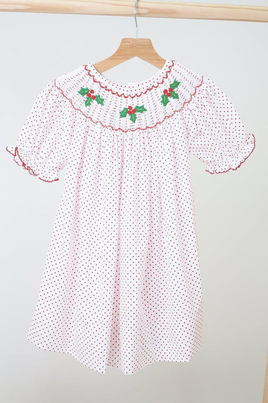 Pink christmas bishop hand smocked dot dress - Abbies Place
