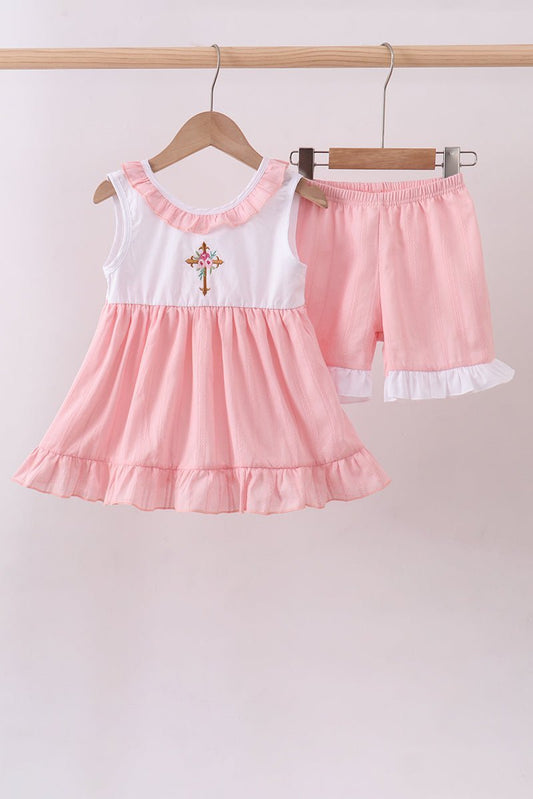 Pink cross jacquard embroidery shorts set - Abbies Place