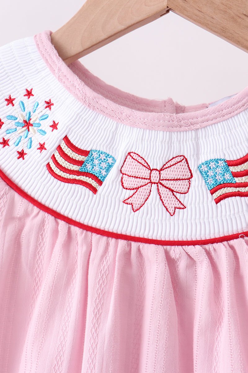 Pink fireworks flag smocked jacquard scalloped ruffle shorts set - Abbies Place