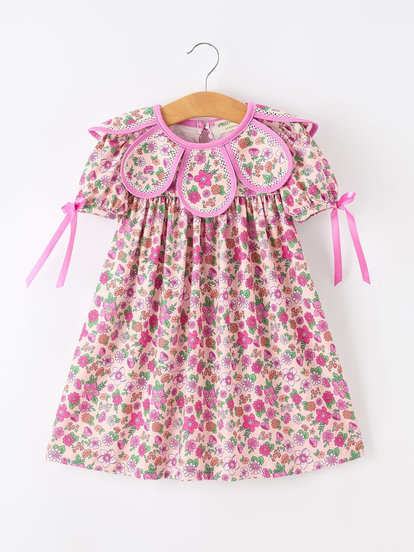 Pink Floral Bow Petals Collar Girls Dress - Abbies Place