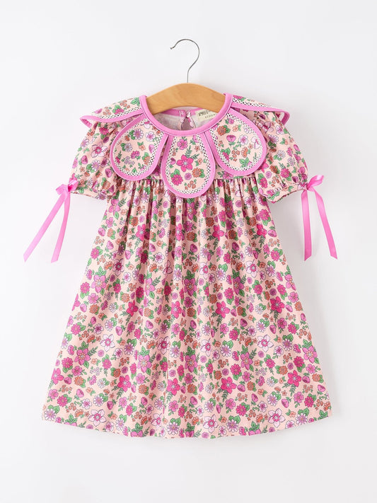 Pink Floral Bow Petals Collar Girls Dress - Abbies Place