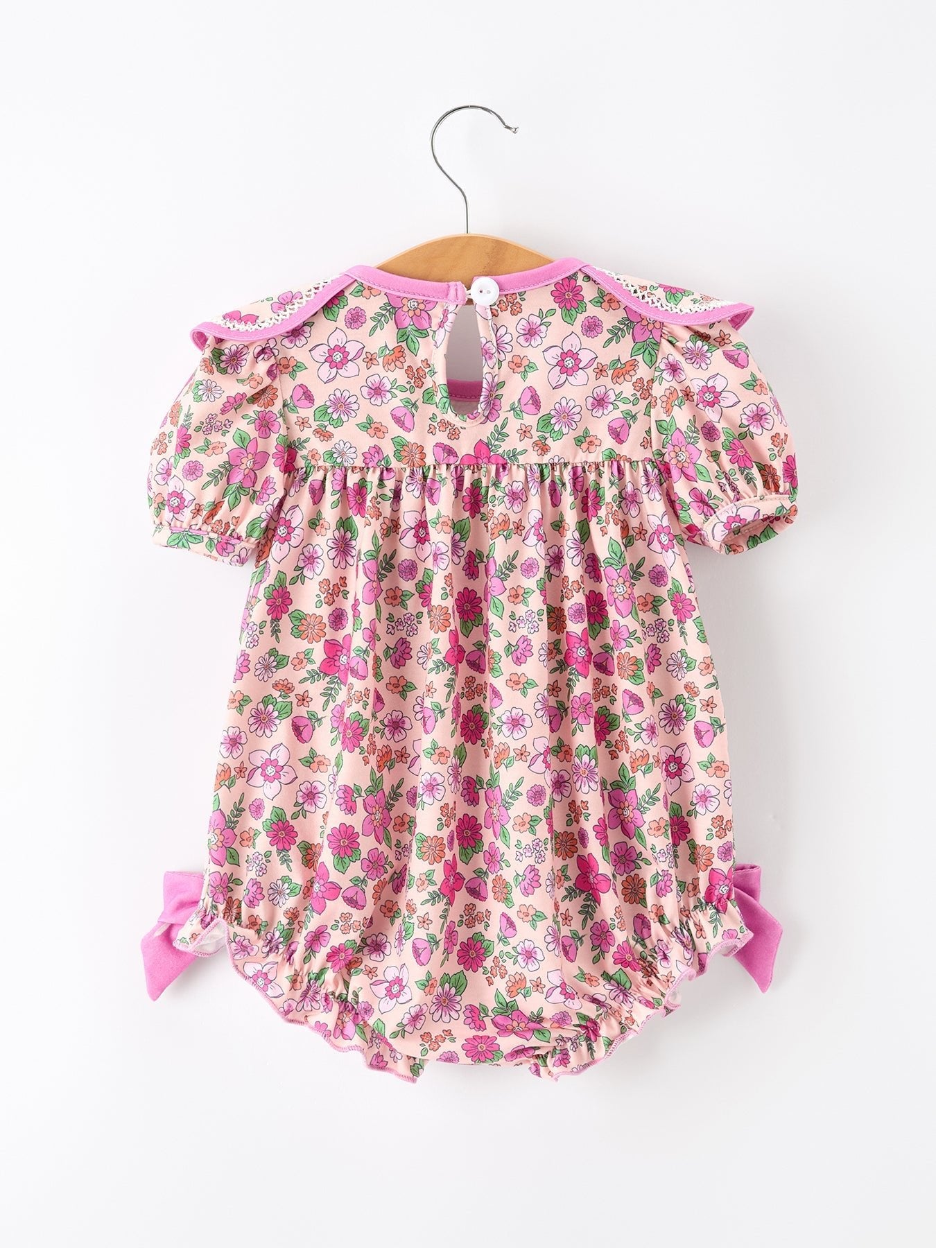 Pink Floral Bow Petals Collar Girls Romper - Abbies Place