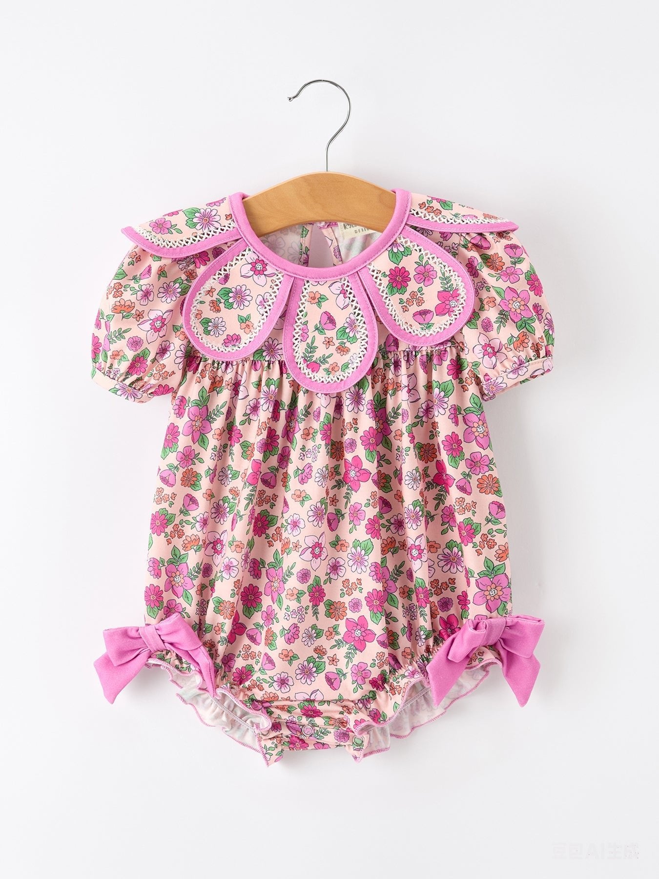 Pink Floral Bow Petals Collar Girls Romper - Abbies Place