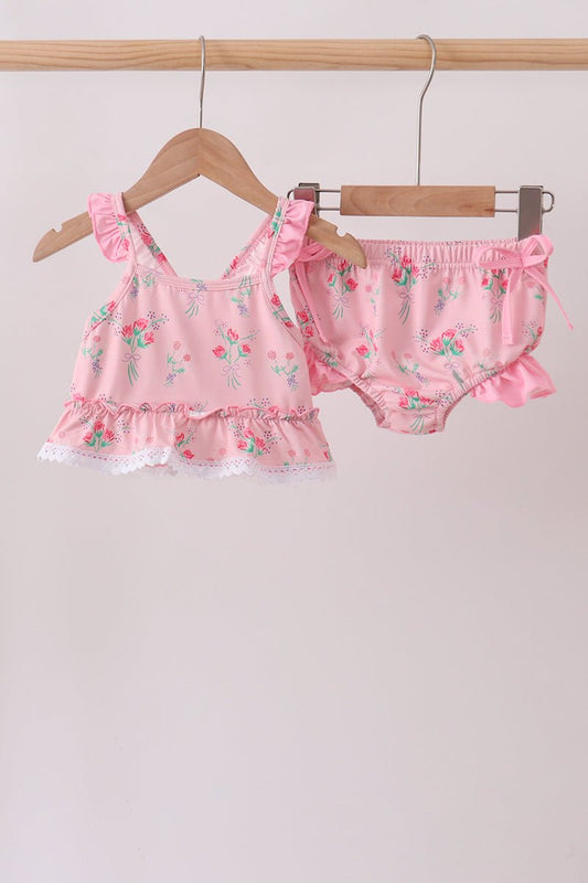 Pink Floral Ruffle 2pc Swimsuit - Abbies Place