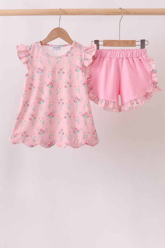 Pink Floral Ruffle Shorts Set - Abbies Place