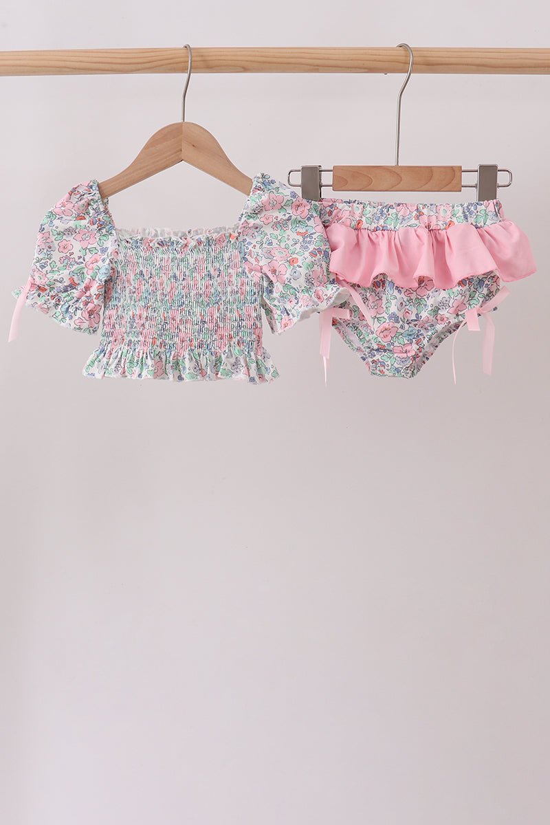 Pink Floral Smocked Swimsuit - Abbies Place