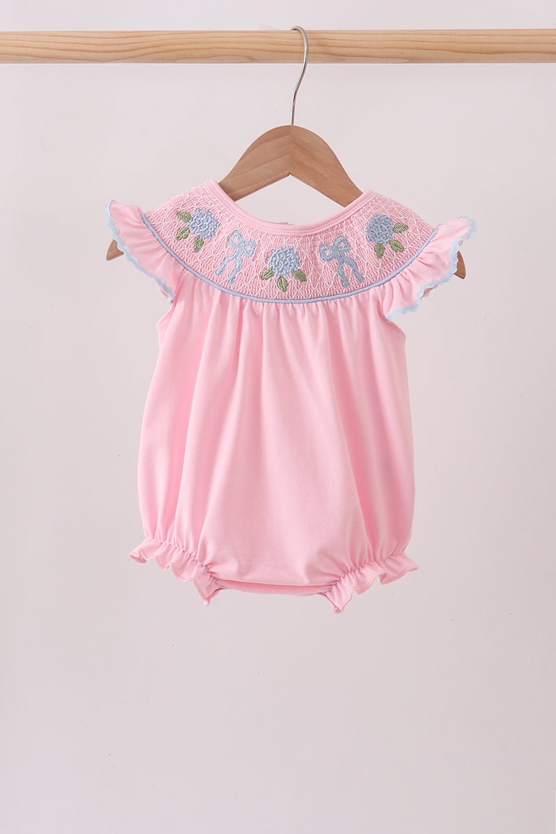 Pink Hydrangea Bow Smocked Bubble - Abbies Place