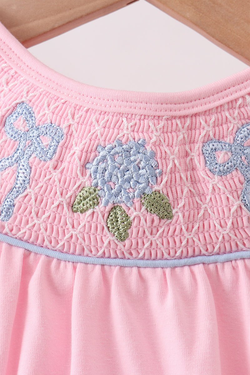 Pink Hydrangea Bow Smocked Bubble - Abbies Place