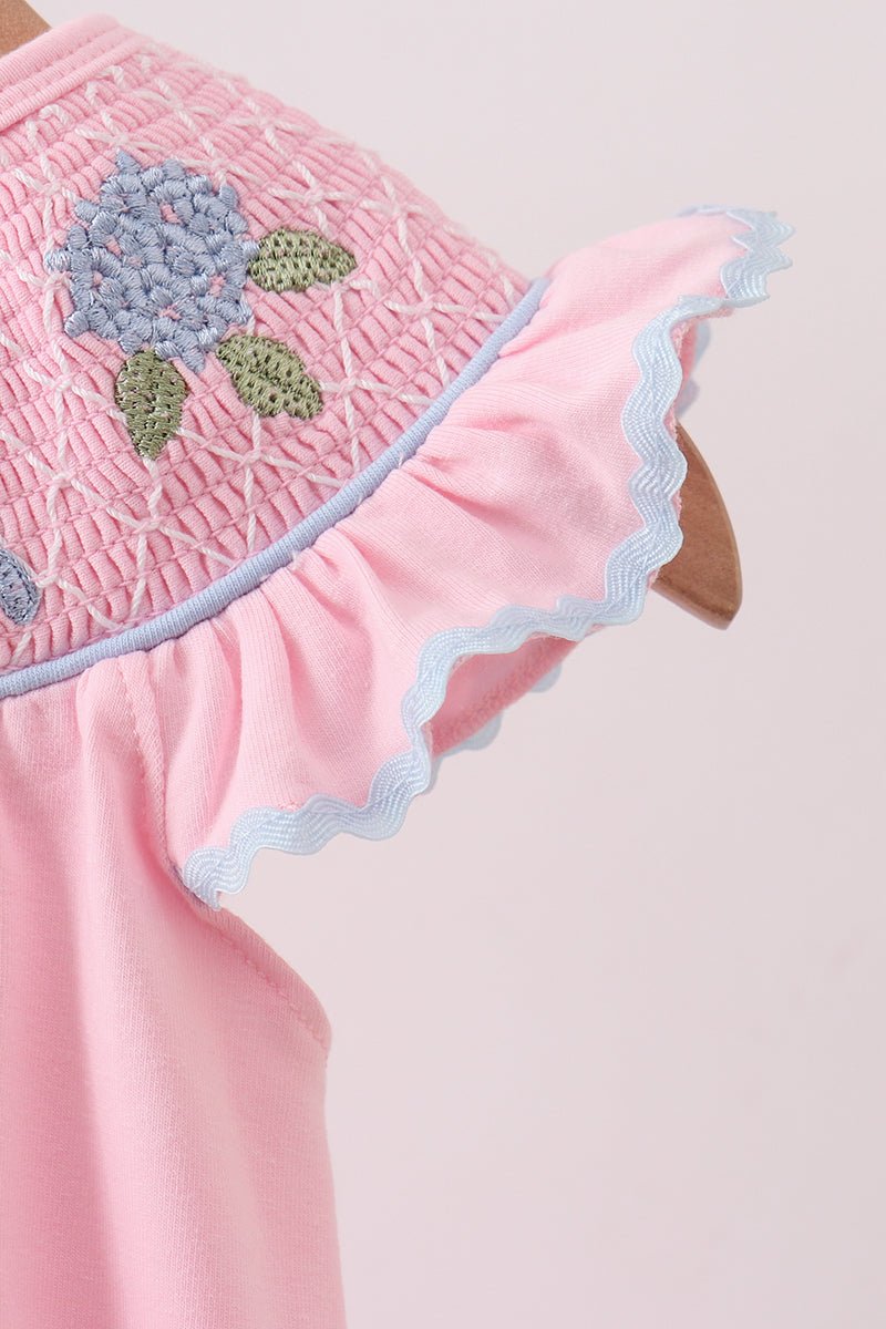 Pink Hydrangea Bow Smocked Bubble - Abbies Place