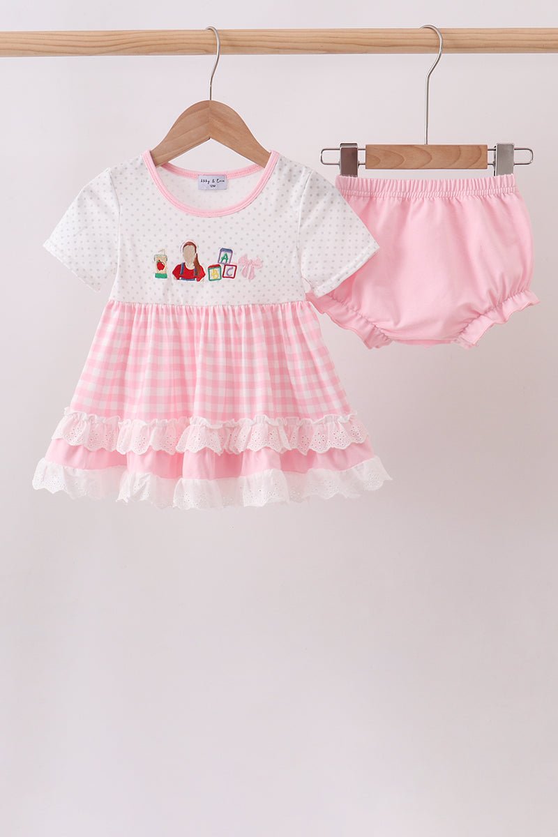 Pink Pencil ABC embroidery gingham bloomer set - Abbies Place