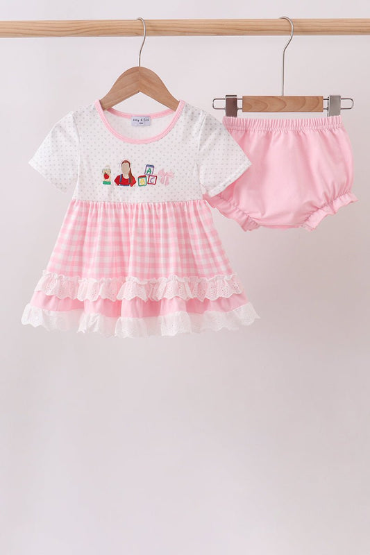 Pink Pencil ABC embroidery gingham bloomer set - Abbies Place
