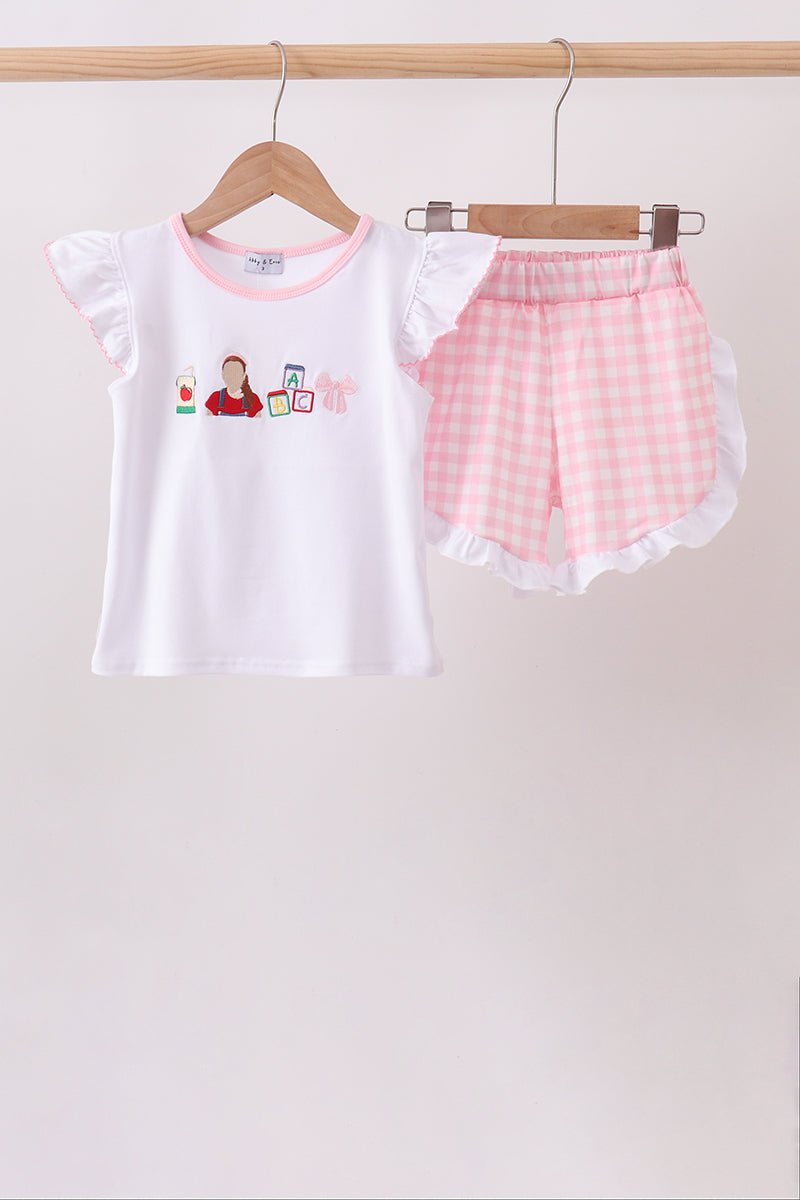 Pink Pencil ABC embroidery gingham ruffle shorts set - Abbies Place