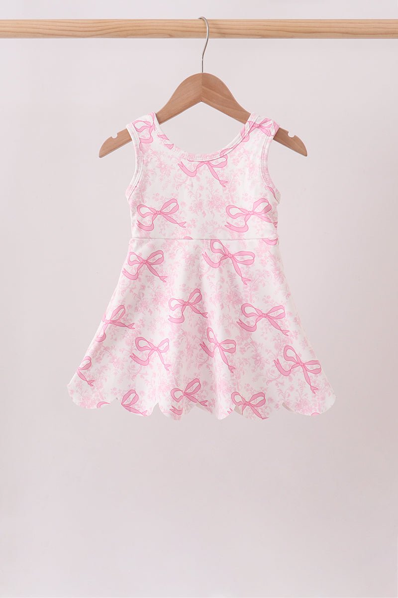 Pink Performance Bow Print Scalloped Dress - Abbies Place
