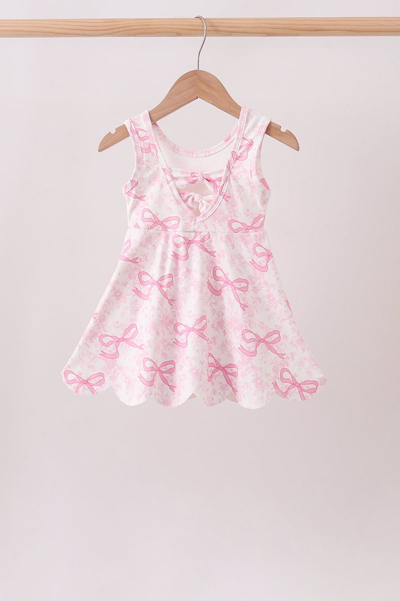 Pink Performance Bow Print Scalloped Dress - Abbies Place