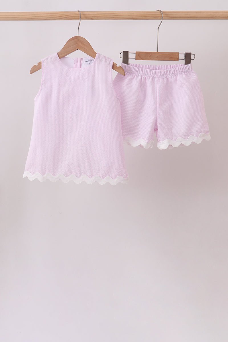 Pink Seersucker Stripe Scalloped Shorts Set - Abbies Place