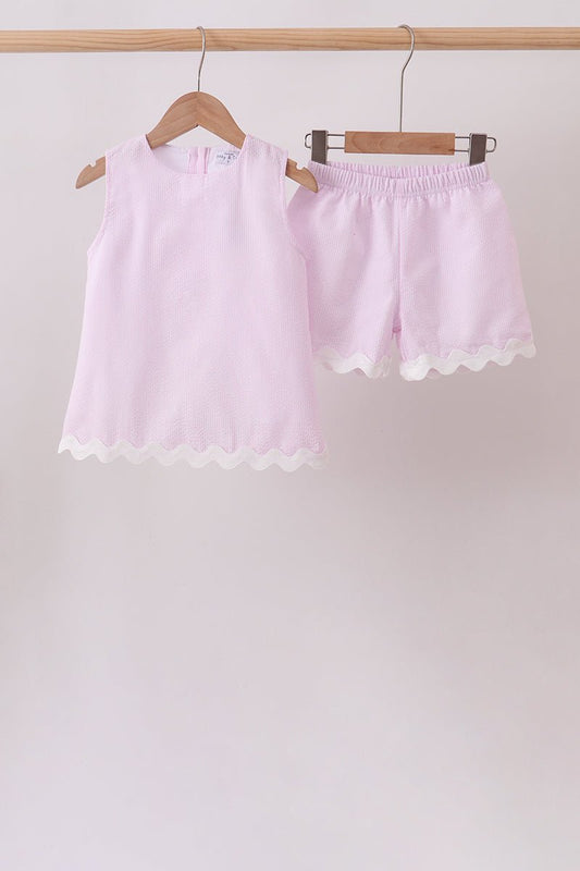 Pink Seersucker Stripe Scalloped Shorts Set - Abbies Place