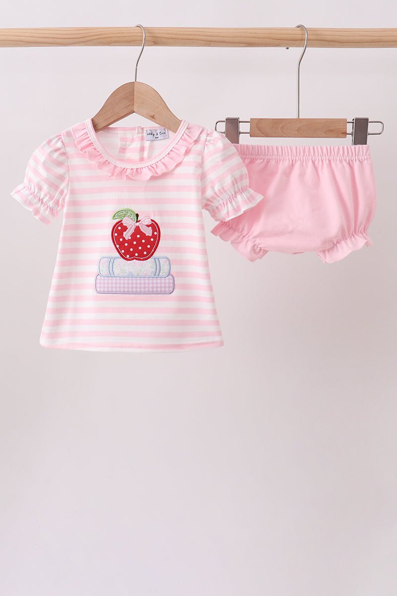 Pink Stripe Apple Book Applique Bubble - Abbies Place