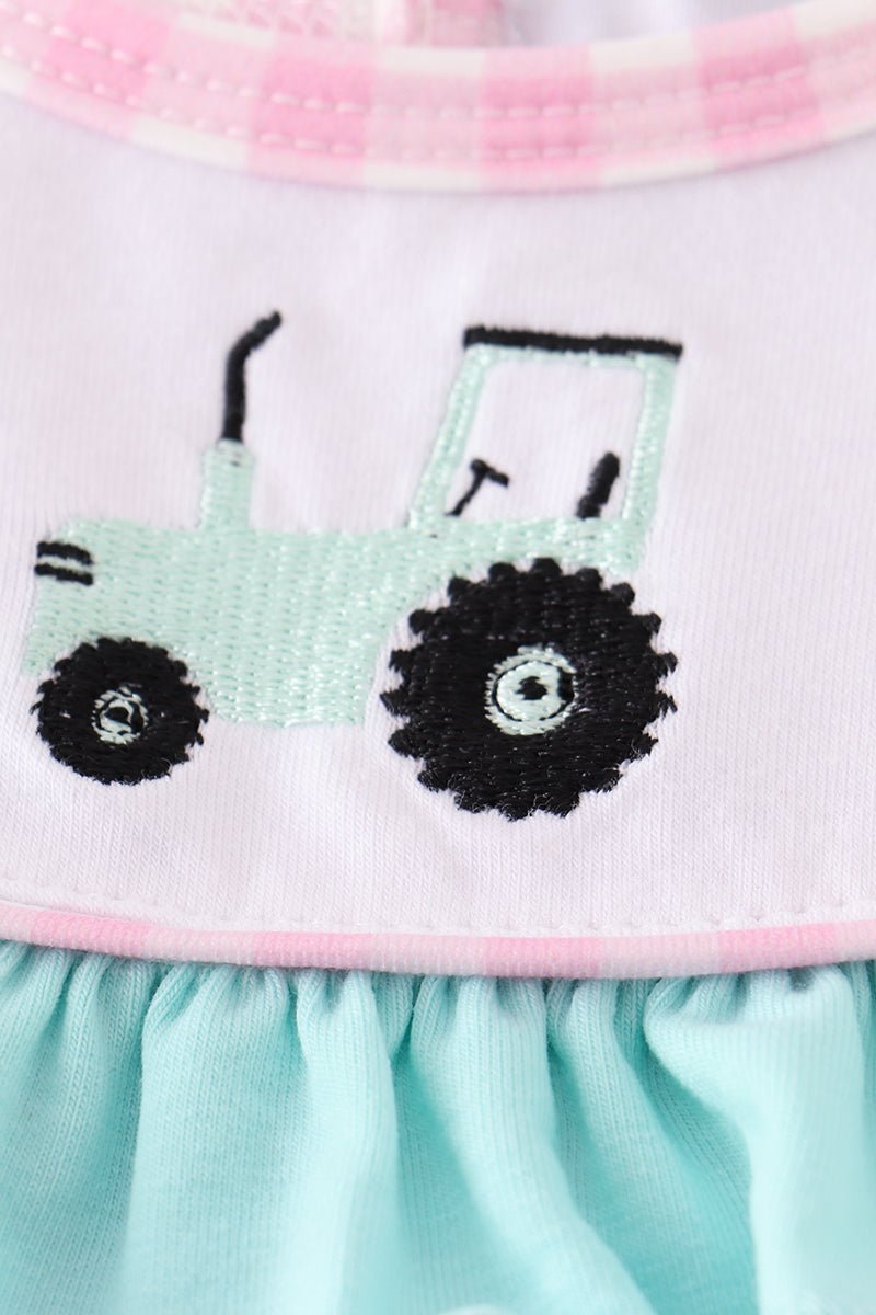 Pink tractor embroidery plaid girl bubble - Abbies Place