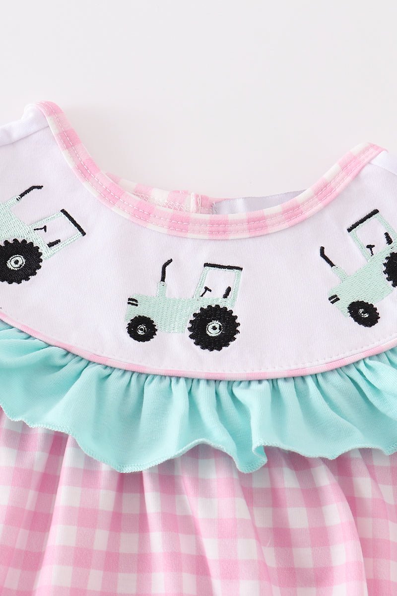 Pink tractor embroidery plaid girl bubble - Abbies Place