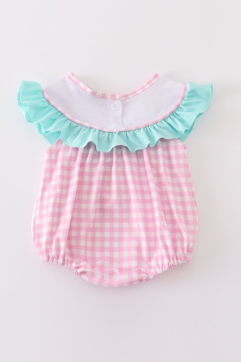 Pink tractor embroidery plaid girl bubble - Abbies Place