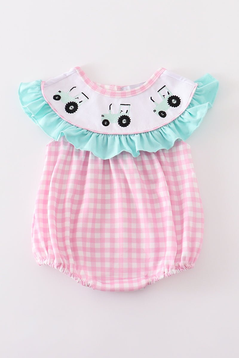 Pink tractor embroidery plaid girl bubble - Abbies Place