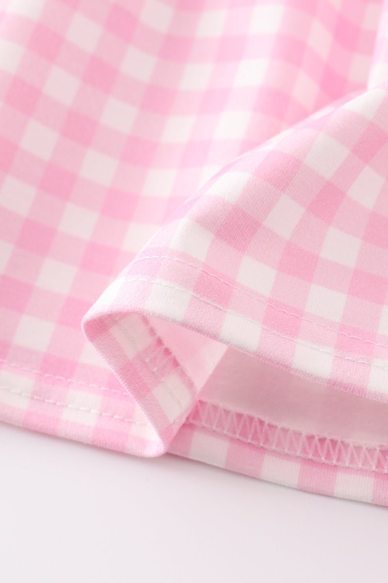Pink tractor embroidery plaid girl set - Abbies Place