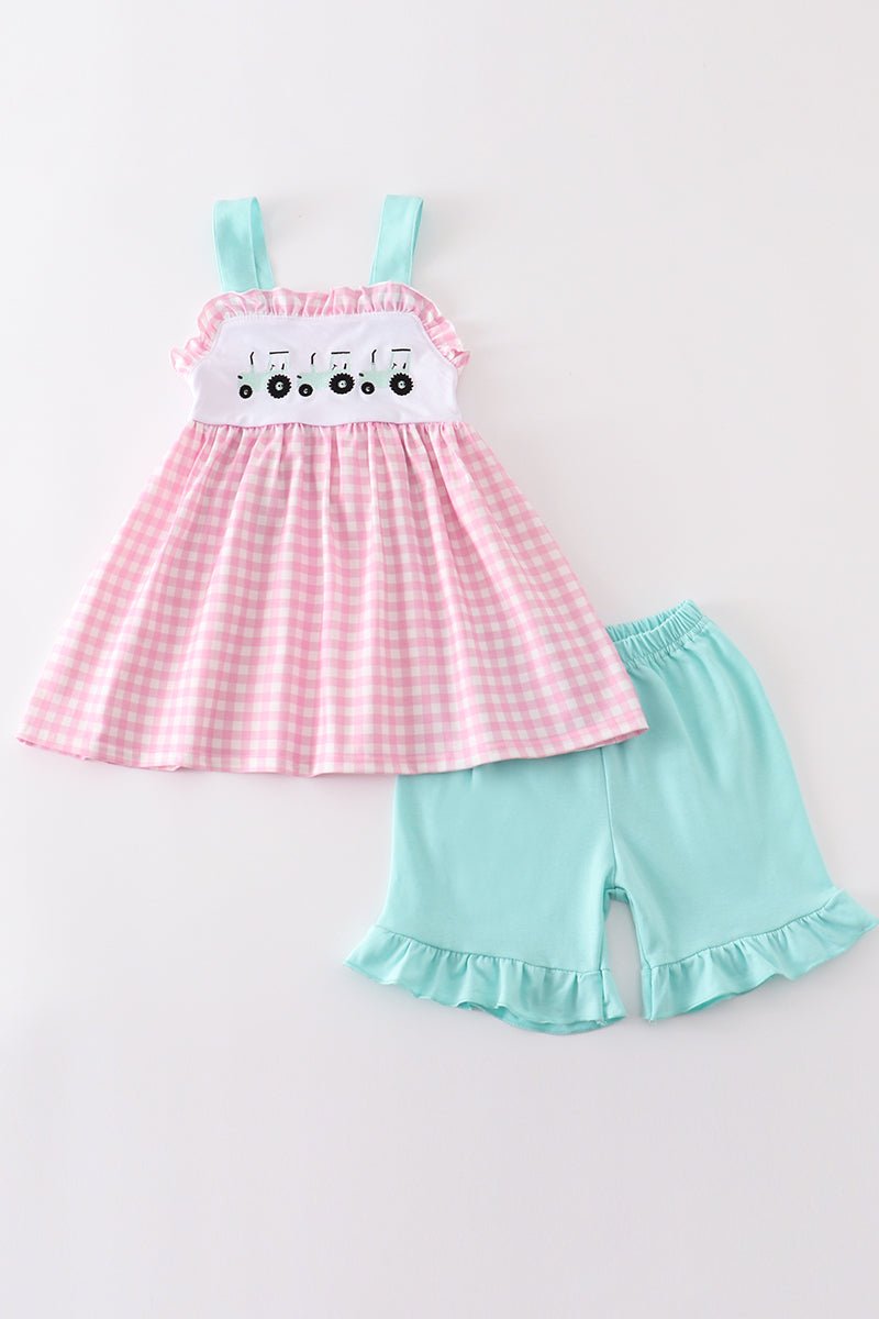 Pink tractor embroidery plaid girl set - Abbies Place