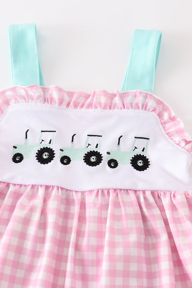 Pink tractor embroidery plaid girl set - Abbies Place