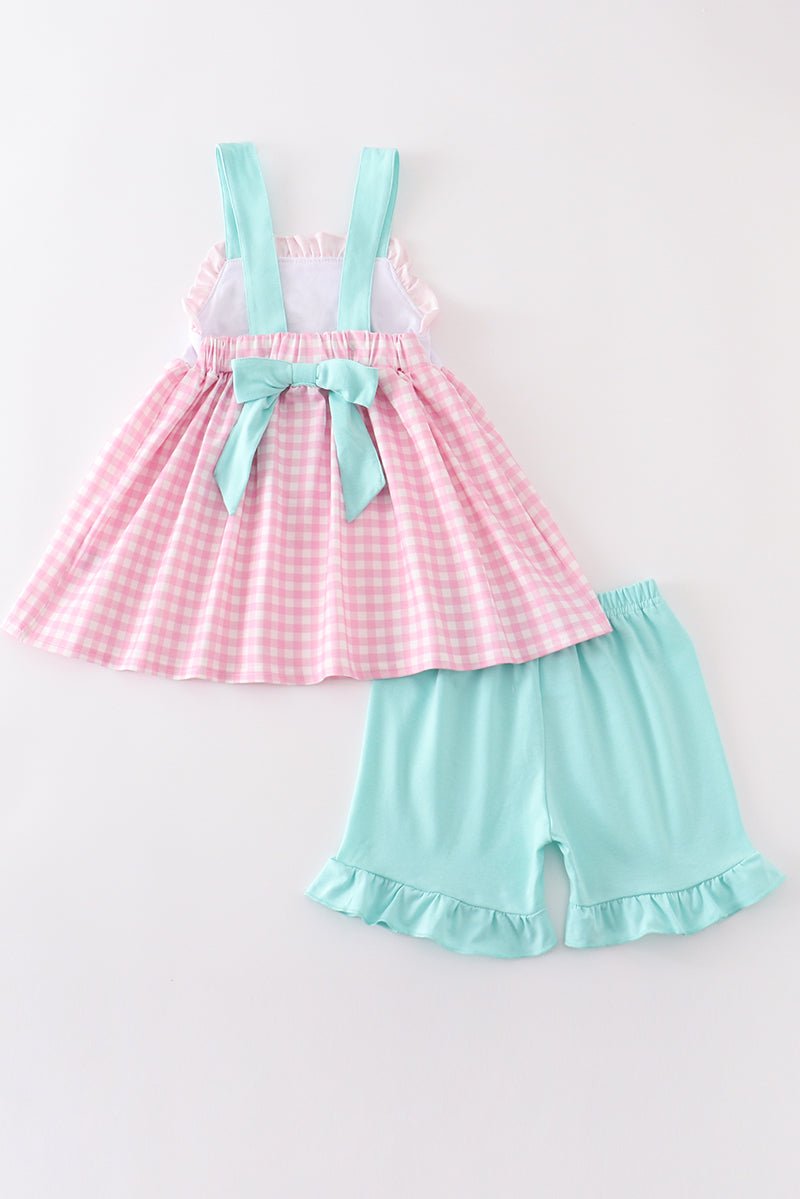 Pink tractor embroidery plaid girl set - Abbies Place