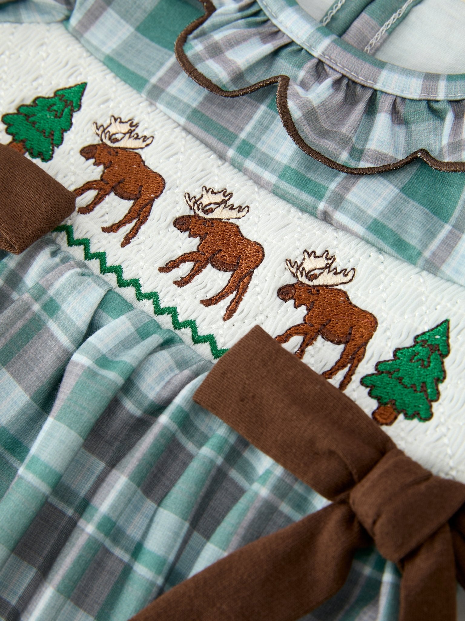 Plaid Moose Smocked Baby Girl Bubble Romper - Abbies Place