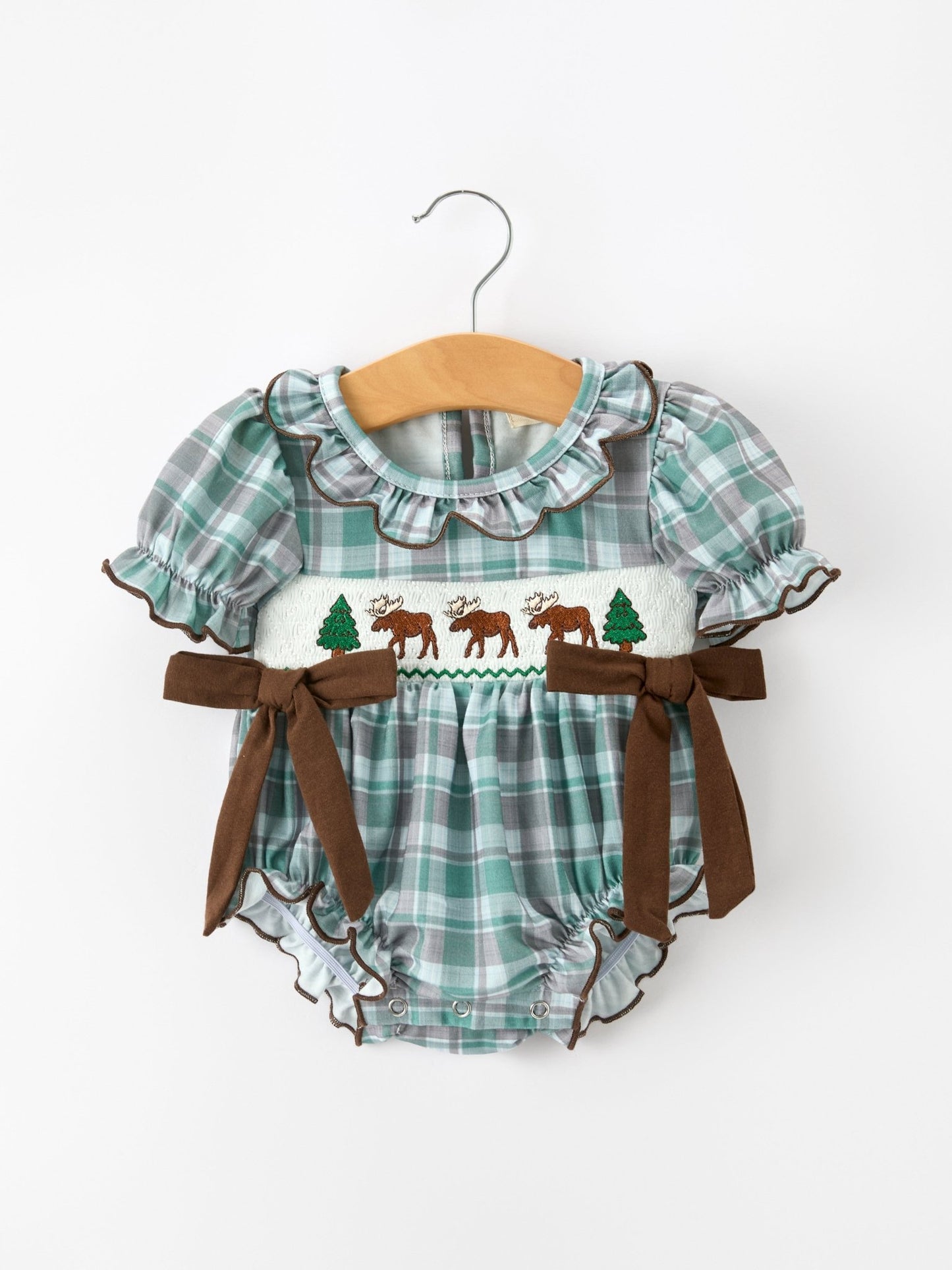 Plaid Moose Smocked Baby Girl Bubble Romper - Abbies Place