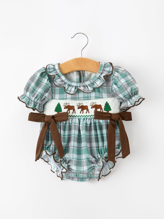 Plaid Moose Smocked Baby Girl Bubble Romper - Abbies Place