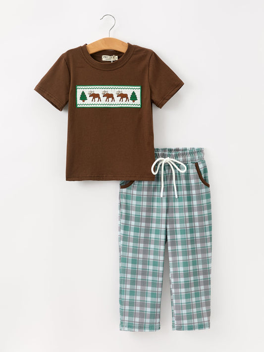 Plaid Moose Smocked Boys Short Sleeve Pant Set - Abbies Place