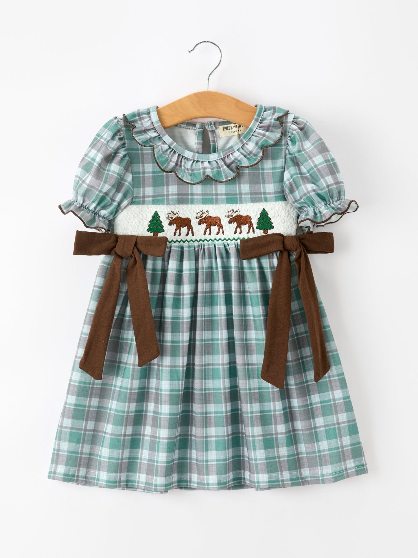 Plaid Moose Smocked Girls Puff Sleeve Dress - Abbies Place