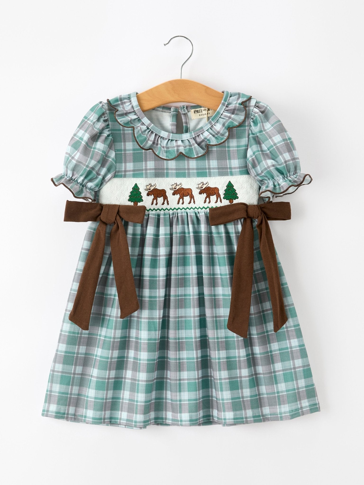 Plaid Moose Smocked Girls Puff Sleeve Dress - Abbies Place