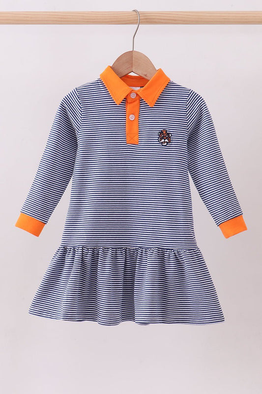 Premium Blue Auburn stripe tiger embroidery dress - Abbies Place
