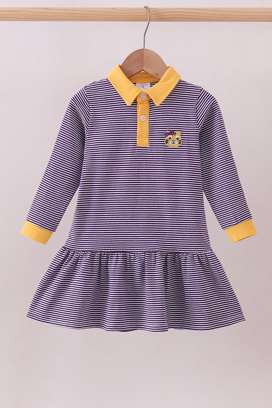 Premium Purple LSU stripe tiger embroidery dress - Abbies Place