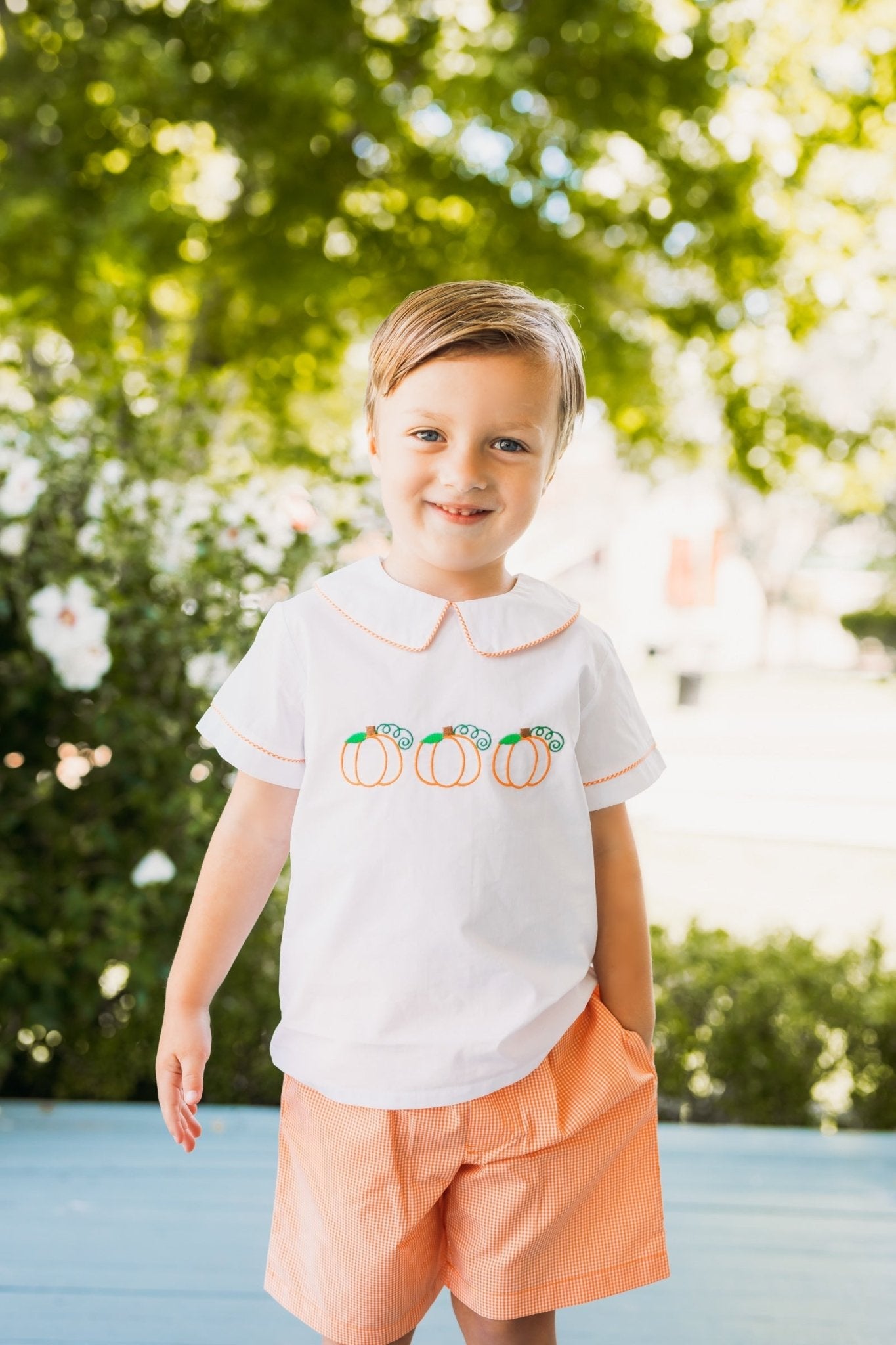 Proper Pumpkins Embroidered White Woven Top & Orange Gingham Shorts Set - Abbies Place