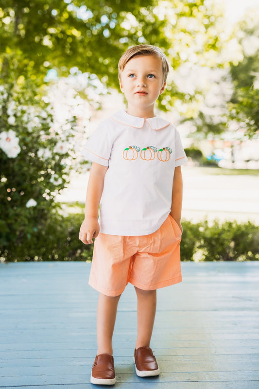 Proper Pumpkins Embroidered White Woven Top & Orange Gingham Shorts Set - Abbies Place