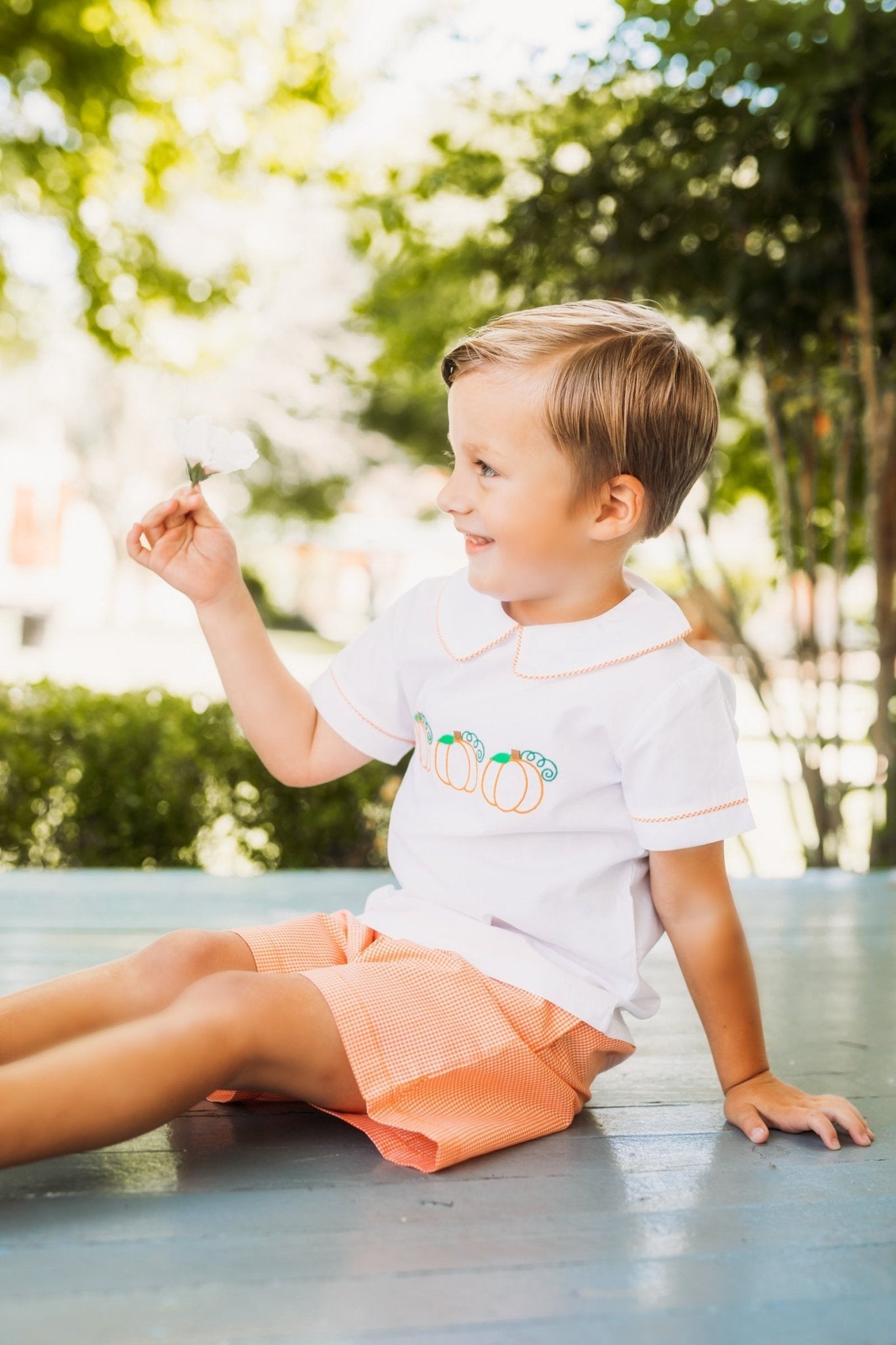 Proper Pumpkins Embroidered White Woven Top & Orange Gingham Shorts Set - Abbies Place
