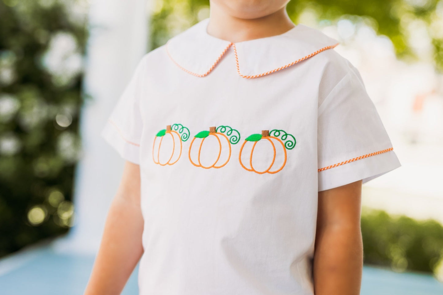 Proper Pumpkins Embroidered White Woven Top & Orange Gingham Shorts Set - Abbies Place