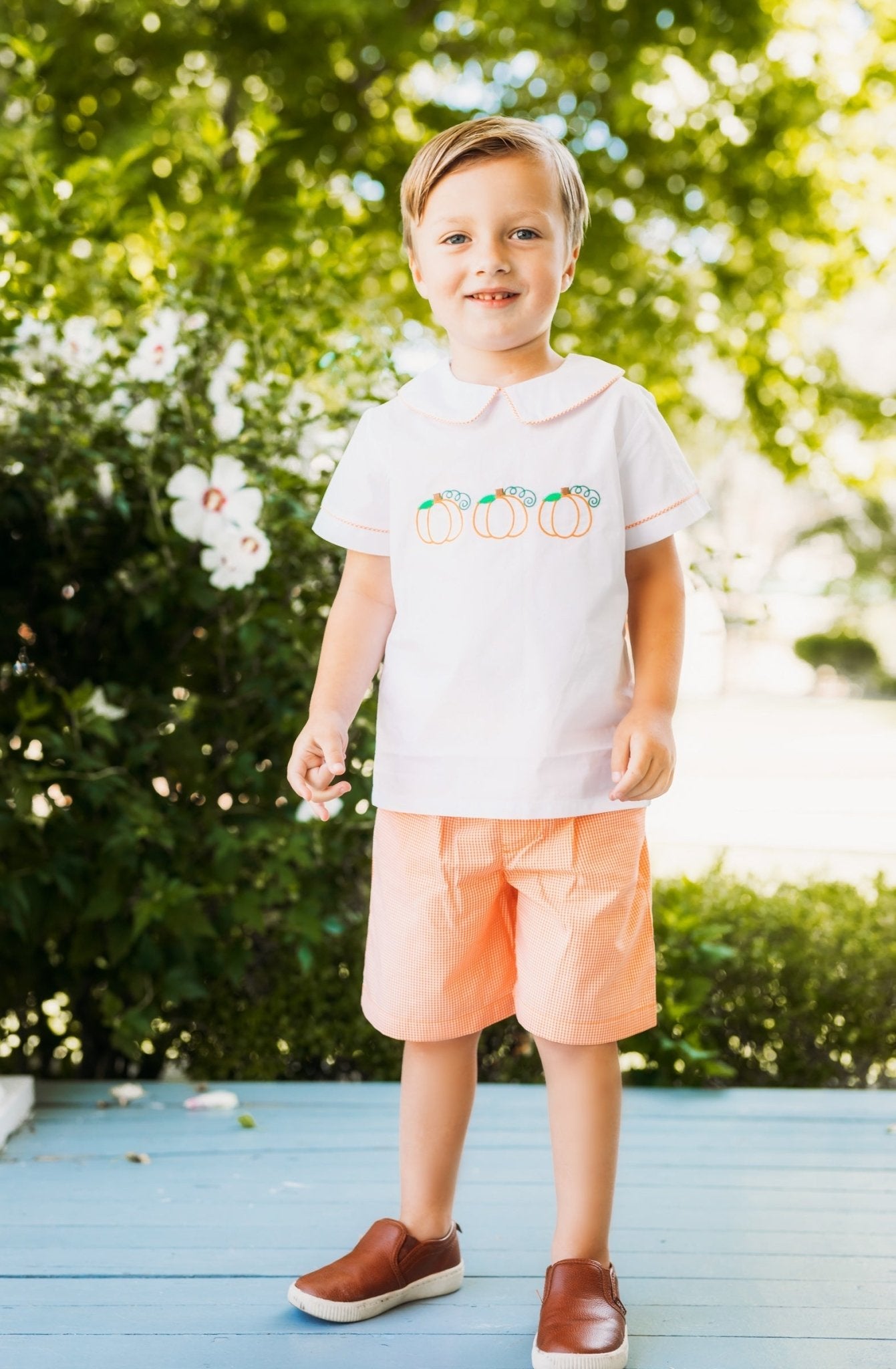 Proper Pumpkins Embroidered White Woven Top & Orange Gingham Shorts Set - Abbies Place