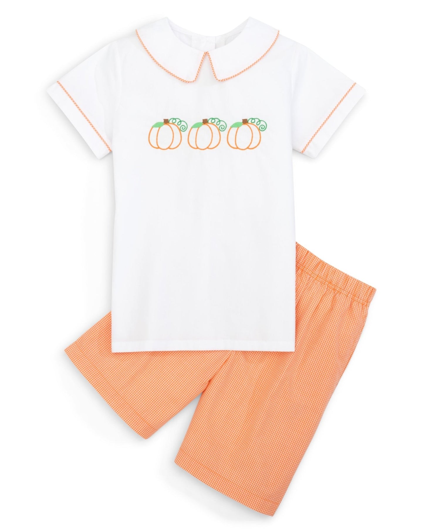Proper Pumpkins Embroidered White Woven Top & Orange Gingham Shorts Set - Abbies Place
