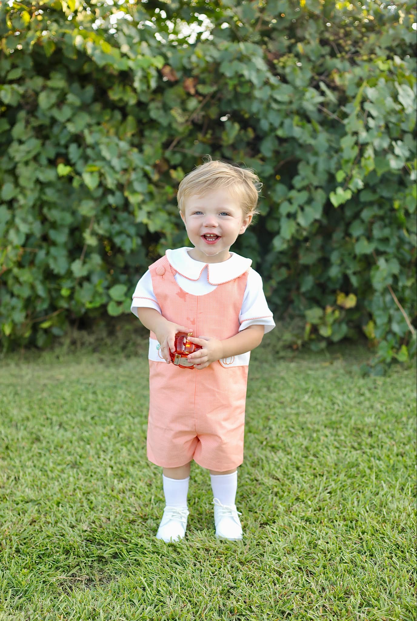 Proper Pumpkins Orange Gingham Shortall and Shirt Set with Pumpkin Embroidered Tabs - Abbies Place
