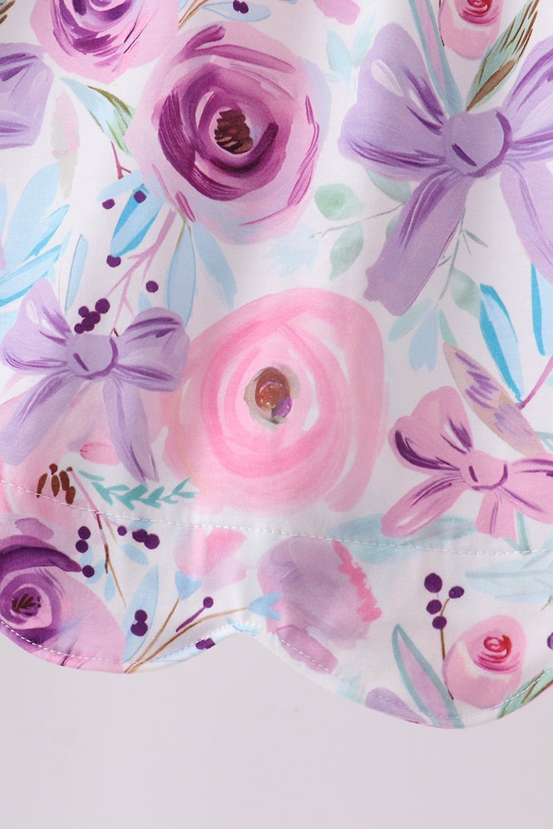 Purple Bow Embroidered Floral Scalloped Dress - Abbies Place