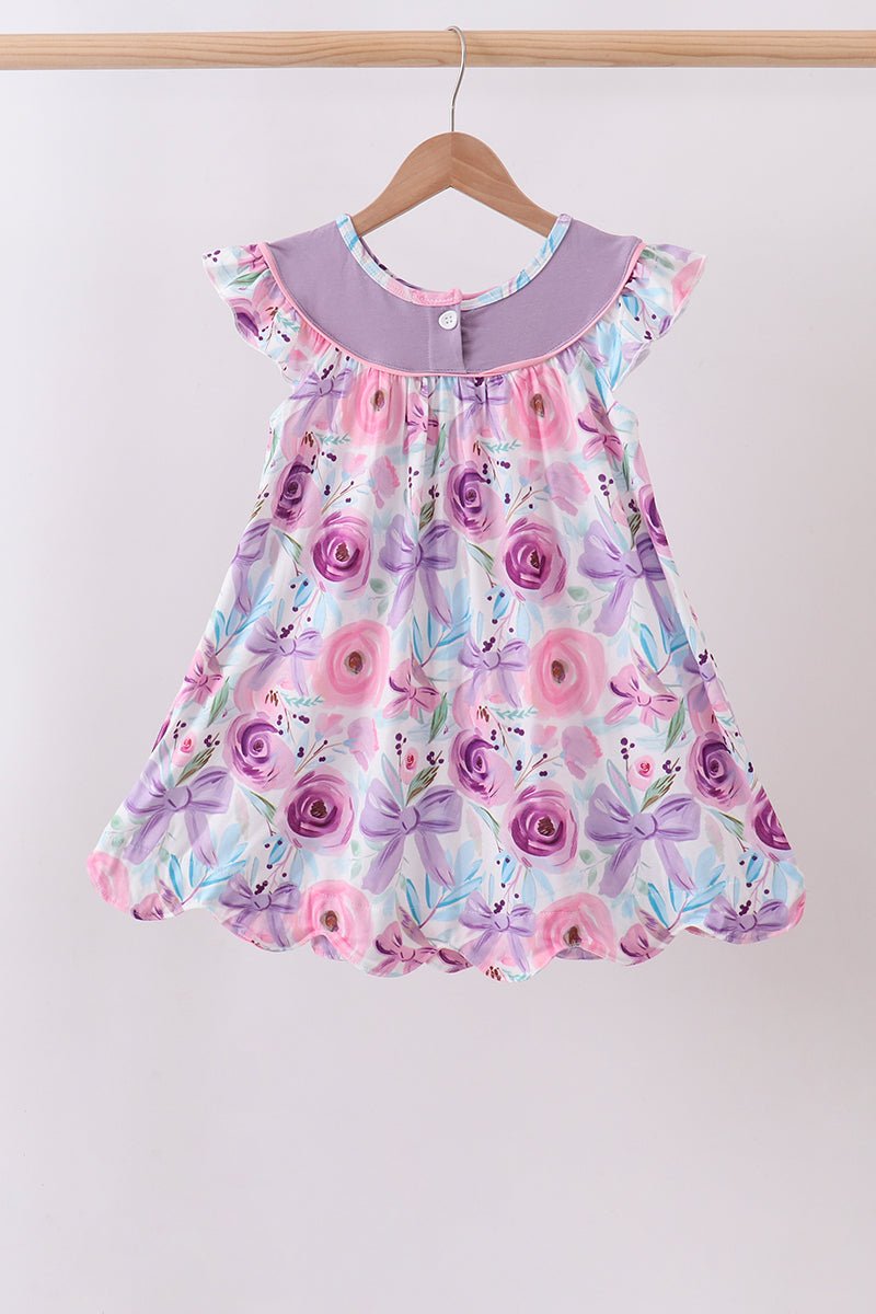 Purple Bow Embroidered Floral Scalloped Dress - Abbies Place
