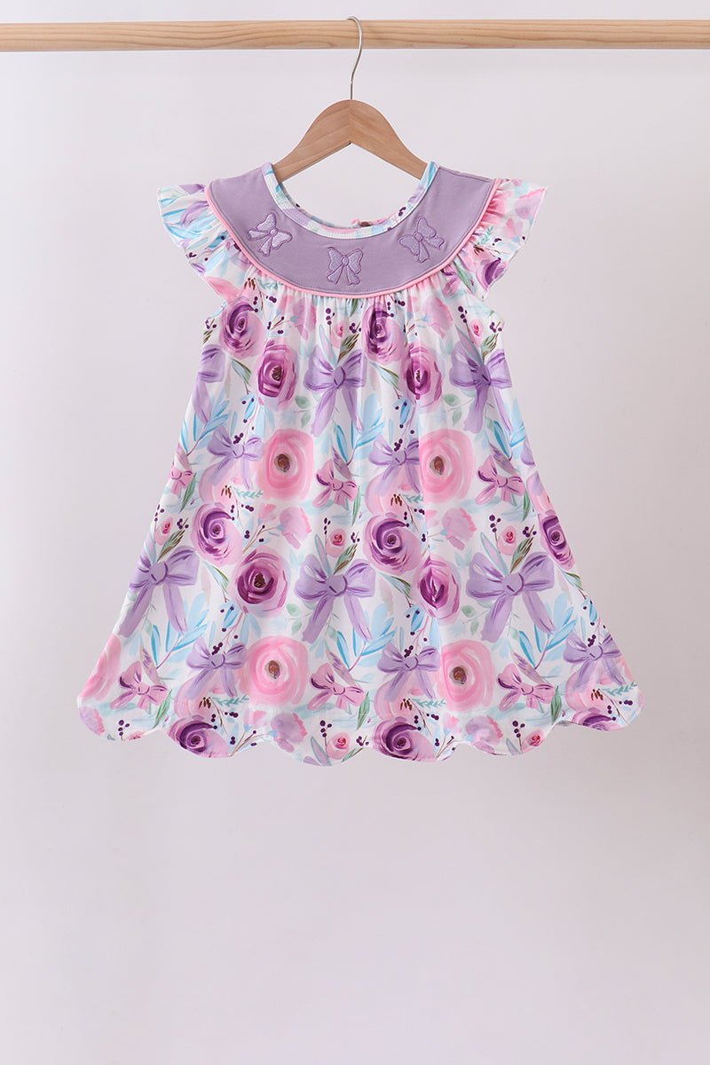 Purple Bow Embroidered Floral Scalloped Dress - Abbies Place