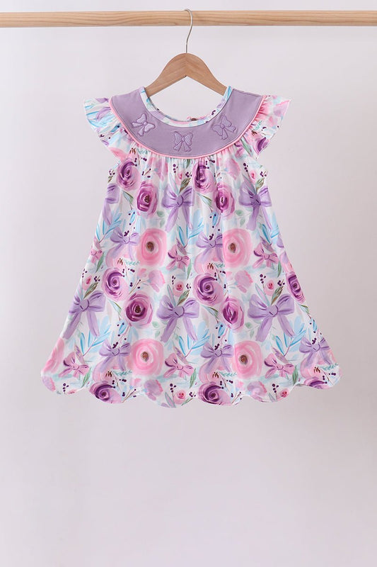 Purple Bow Embroidered Floral Scalloped Dress - Abbies Place