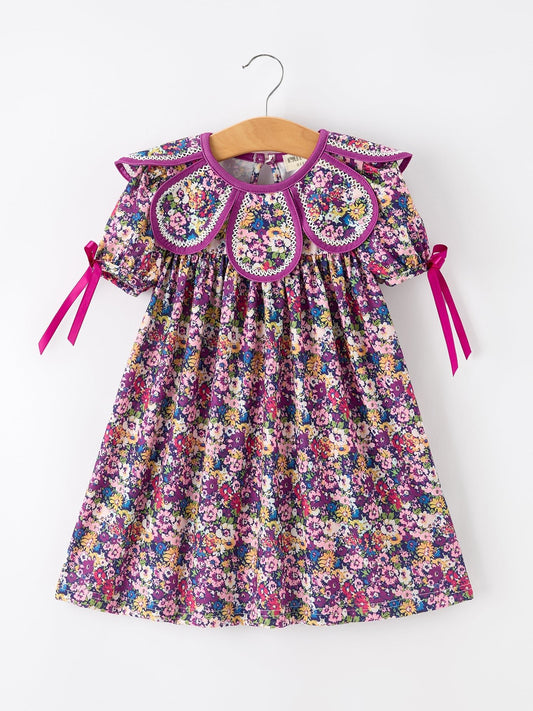 Purple Floral Bow Petals Collar Girls Dress - Abbies Place